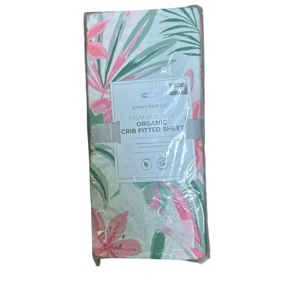 NWT Pottery Barn Kids Allover Palm organic cotton crib sheet pink floral print - Picture 1 of 3